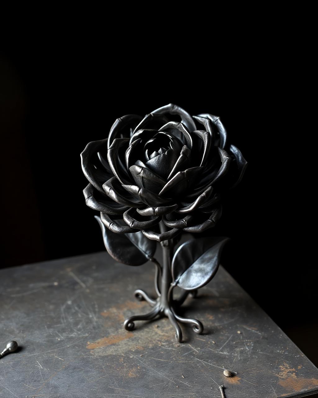 Hand-forged iron rose sculpture
